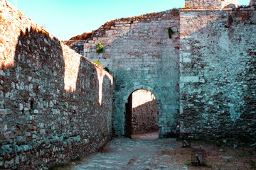 Methoni castle fortress stone walls, entrance, ruined historical construction