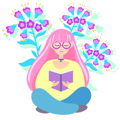 Cute girl with pink hair reads a book. Flat cartoon style isolated on white background. Vector illustration