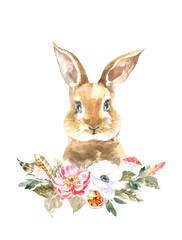 Watercolor woodland animal boho bunny botanical frame isolated cute animal. Nursery woodland illustration. Bohemian boho animals for baby shower invitation, nursery decor, print, greeting card diy