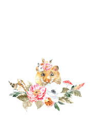 Watercolor woodland animal boho mouse botanical frame isolated cute animal. Nursery woodland illustration. Bohemian boho animals for baby shower invitation, nursery decor, print, greeting card diy