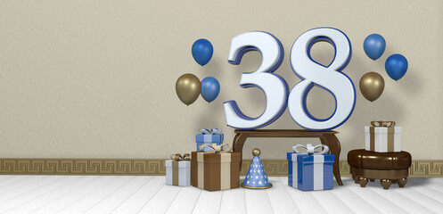 White number 38 with blue border on wooden table surrounded by bright gift boxes and balloons floating on wooden floor in empty room with pastel yellow wall. 3D Illustration