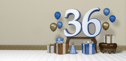 White number 36 with blue border on wooden table surrounded by bright gift boxes and balloons floating on wooden floor in empty room with pastel yellow wall. 3D Illustration