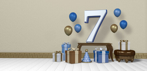 White number 7 with blue border on wooden table surrounded by bright gift boxes and balloons floating on wooden floor in empty room with pastel yellow wall. 3D Illustration