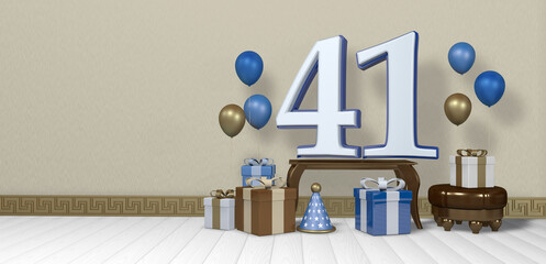 White number 41 with blue border on wooden table surrounded by bright gift boxes and balloons floating on wooden floor in empty room with pastel yellow wall. 3D Illustration