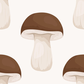 Vector Seamless Pattern with Bolete Mushroom on White. Seamless Texture, Hand Drawn Cartoon Bolete Mushrooms. Design Template for Textile, Wallpaper, Print. Leccinum Scabrum, Penny Bun