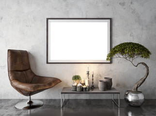 White mock-up in a modern indoor scene. Picture frame hanging on a concrete wall. 3D Rendering