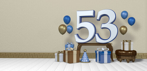 White number 53 with blue border on wooden table surrounded by bright gift boxes and balloons floating on wooden floor in empty room with pastel yellow wall. 3D Illustration