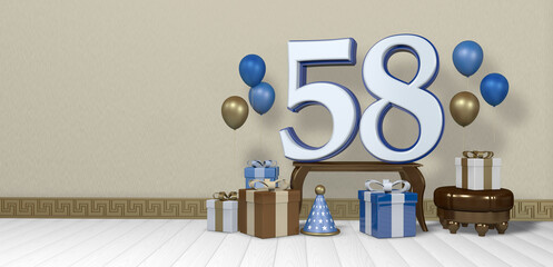 White number 58 with blue border on wooden table surrounded by bright gift boxes and balloons floating on wooden floor in empty room with pastel yellow wall. 3D Illustration