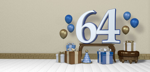 White number 64 with blue border on wooden table surrounded by bright gift boxes and balloons floating on wooden floor in empty room with pastel yellow wall. 3D Illustration