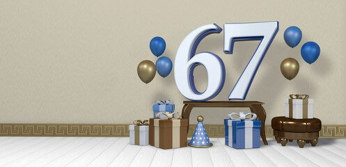 White number 67 with blue border on wooden table surrounded by bright gift boxes and balloons floating on wooden floor in empty room with pastel yellow wall. 3D Illustration