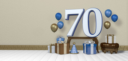 White number 70 with blue border on wooden table surrounded by bright gift boxes and balloons floating on wooden floor in empty room with pastel yellow wall. 3D Illustration