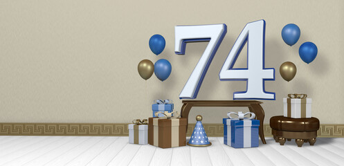 White number 74 with blue border on wooden table surrounded by bright gift boxes and balloons floating on wooden floor in empty room with pastel yellow wall. 3D Illustration