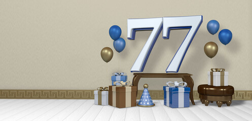 White number 77 with blue border on wooden table surrounded by bright gift boxes and balloons floating on wooden floor in empty room with pastel yellow wall. 3D Illustration