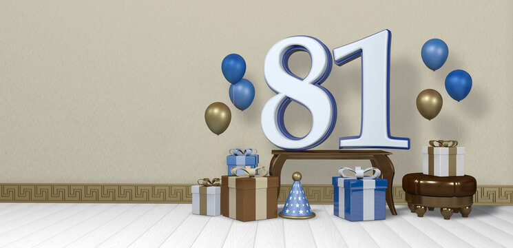 White number 81 with blue border on wooden table surrounded by bright gift boxes and balloons floating on wooden floor in empty room with pastel yellow wall. 3D Illustration
