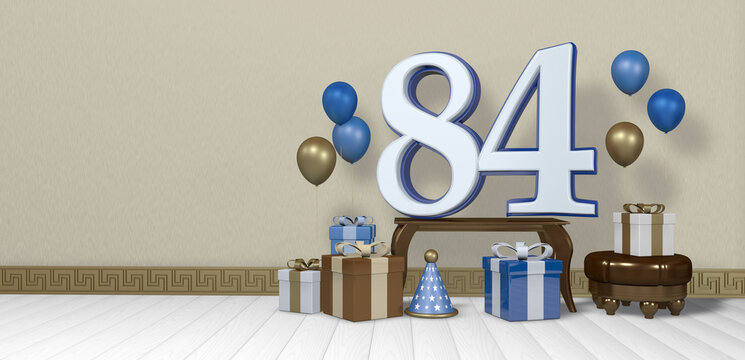 White number 84 with blue border on wooden table surrounded by bright gift boxes and balloons floating on wooden floor in empty room with pastel yellow wall. 3D Illustration
