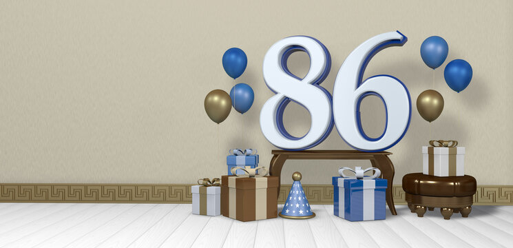 White number 86 with blue border on wooden table surrounded by bright gift boxes and balloons floating on wooden floor in empty room with pastel yellow wall. 3D Illustration