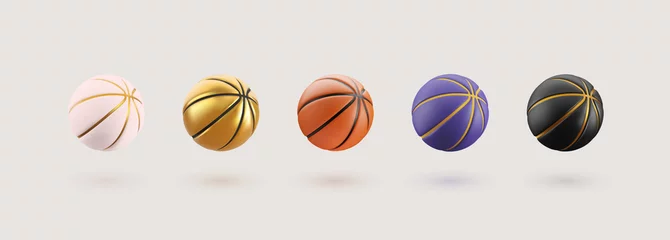 Zelfklevend Fotobehang 3d vector colorful basket balls isolated design elements. Basketball trend color pink, golden, black, violet and orange sport balls collection on light background © Oleg