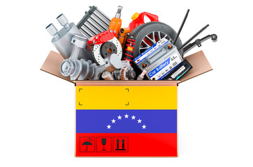 Venezuelan flag painted on the parcel with car parts. 3D rendering
