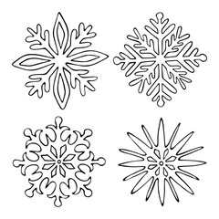 Set snowflakes doodle line art. Frozen ice crystals with different patterns. Winter symbol. Hand drawn vector graphic black and white illustration.b