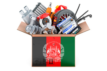 Afghan flag painted on the parcel with car parts. 3D rendering