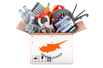 Cypriot flag painted on the parcel with car parts. 3D rendering