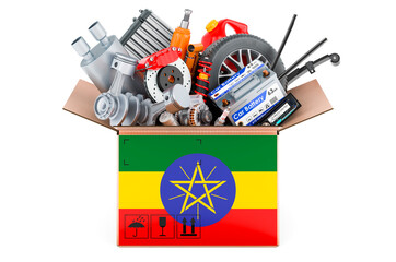 Ethiopian flag painted on the parcel with car parts. 3D rendering