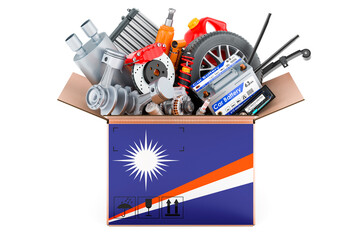Marshallese Islands flag painted on the parcel with car parts. 3D rendering