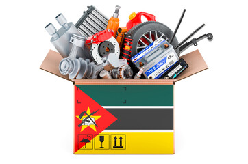 Mozambican flag painted on the parcel with car parts. 3D rendering