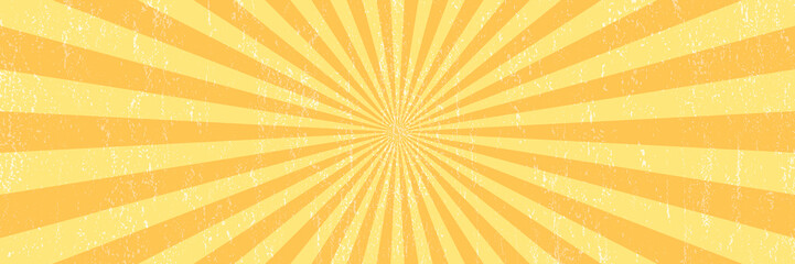 Vector sunburst background in comic book style with scratched texture. Retro pop art design.