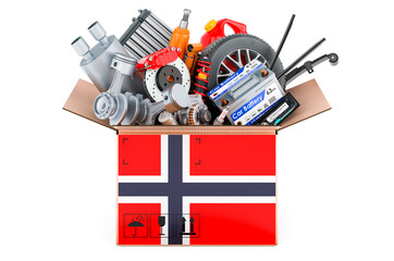 Norwegian flag painted on the parcel with car parts. 3D rendering