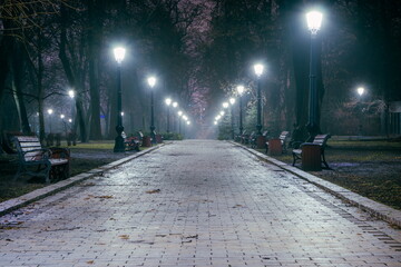 The alley of a night early winter park in a light fog. Footpath in a fabulous late autumn city park at night with benches and latterns. Beautiful cold evening in Mariinsky Park. Kyiv, Ukraine.