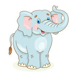 Funny gray elephant stands with a raised trunk. In cartoon style. Isolated on white background. Vector illustration
