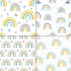 Abstract rainbow hand drawn seamless pattern set
