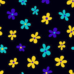 Vector illustration of minimalist style bright multicolored flowers forming seamless pattern on black background