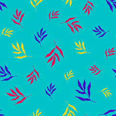 Fototapeta na wymiar Vector illustration of bright multicolored leaves of tropical plants forming seamless pattern on blue background