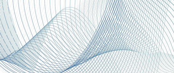 Dark blue, gray industrial pattern. Wavy net design. Radio, sound wave concept. Intersecting lines. Vector subtle curves. White background. Abstract technology banner, landing page. EPS10 illustration