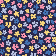 Abstract floral heads seamless repeat pattern. Random placed, vector calico flowers all over surface print on dark blue background.