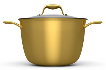 Stainless steel stewpot and chrome plated aluminum cookware on white background