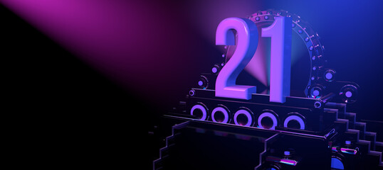 Solid number  21 on a reflective black stage illuminated with blue and red lights against a black background. 3D Illustration