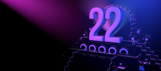 Solid number  22 on a reflective black stage illuminated with blue and red lights against a black background. 3D Illustration