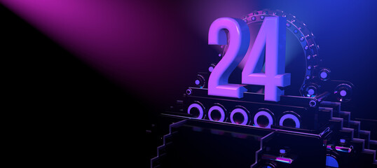 Solid number  24 on a reflective black stage illuminated with blue and red lights against a black background. 3D Illustration