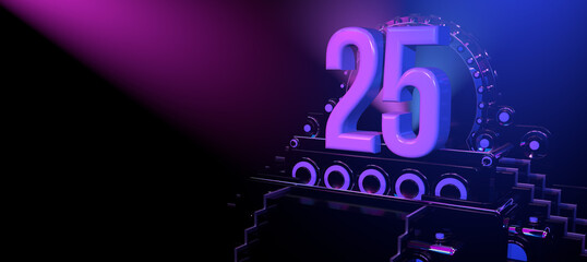 Solid number  25 on a reflective black stage illuminated with blue and red lights against a black background. 3D Illustration