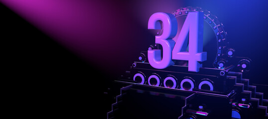 Solid number 34 on a reflective black stage illuminated with blue and red lights against a black background. 3D Illustration