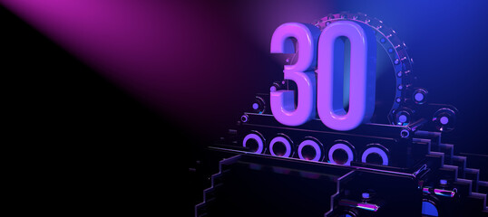Solid number  30 on a reflective black stage illuminated with blue and red lights against a black background. 3D Illustration