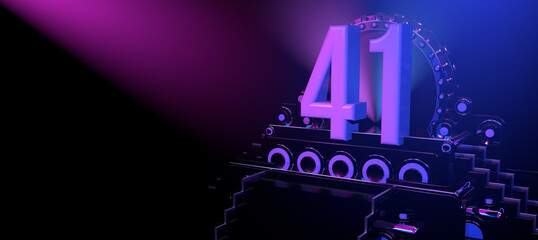 Solid number 41 on a reflective black stage illuminated with blue and red lights against a black background. 3D Illustration