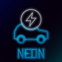 Glowing neon line Electric car and electrical cable plug charging icon isolated on black background. Renewable eco technologies. Colorful outline concept. Vector