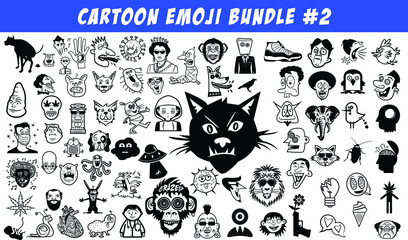vector set of black and white cartoon icons and emojis.