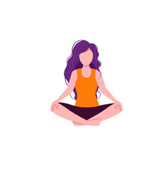 Amazing cartoon girl in yoga lotus pose with. Practicing yoga. Vector illustration. Young and happy woman meditates