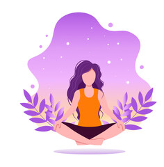 Amazing cartoon girl in yoga lotus pose with. Practicing yoga. Vector illustration. Young and happy woman meditates