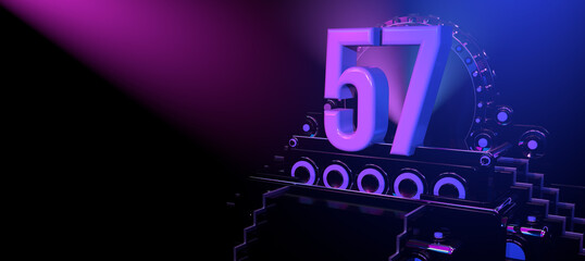 Solid number 57 on a reflective black stage illuminated with blue and red lights against a black background. 3D Illustration